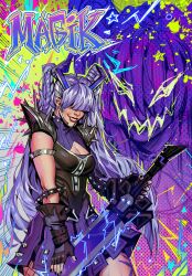 1girl absurdres black_gloves bracelet breasts cleavage collar covered_eyes darkchylde fingerless_gloves gloves hair_ornament hair_over_eyes highres jewelry long_hair looking_at_viewer magik_(punkchild)_(x-men) magik_(x-men) marvel marvel_rivals official_alternate_costume piercing punk purple_hair redgreengoblin solo spiked_bracelet spiked_collar spikes twintails x-men