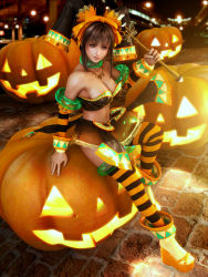 1girl 3d bandeau bare_shoulders breasts brown_eyes brown_hair cleavage cocoa_(character) halloween hat incise_soul jack-o&#039;-lantern jester_cap jewelry large_breasts m-rs orange_theme smile staff striped_clothes striped_thighhighs thighhighs wand witch