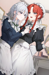 2girls :d absurdres alternate_costume apron back_bow black_bow black_dress black_ribbon blue_dress blue_eyes bow braid closed_mouth collared_shirt commentary_request cowboy_shot dress dutch_angle enmaided flying_sweatdrops green_bow green_eyes green_ribbon grey_hair hair_bow hat highres hong_meiling indoors izayoi_sakuya juliet_sleeves long_sleeves maid maid_headdress medium_hair mob_cap multiple_girls neck_ribbon open_mouth parted_bangs puffy_sleeves red_hair ribbon sarukana shirt side_braids smile sweat touhou waist_apron white_apron white_bow white_hat white_shirt
