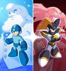 Rule 34 | 4boys, absurdres, android, armor, bass (mega man), beard, belt, black armor, black helmet, blue bodysuit, blue eyes, blue helmet, blue necktie, bodysuit, clenched hands, crossed arms, diegodoodles, dr. light (mega man), dr. wily (mega man), evil grin, evil smile, facial hair, facial mark, fang, full body, gloves, grey hair, grin, hand in pocket, helmet, highres, lab coat, long hair, looking at viewer, male focus, mega man (character), mega man (classic), mega man (series), multiple boys, mustache, necktie, old, old man, polka dot necktie, red eyes, red necktie, robot, shoulder armor, smile, sparks, standing, two-tone background, unbuttoned, white beard, white gloves, white hair