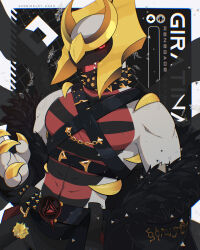 1boy animal_focus artist_name belt black_sclera border character_name chest_harness closed_mouth collar colored_sclera commentary cowboy_shot creatures_(company) dated english_commentary full_body furry game_freak gen_4_pokemon giratina godbirdart gold_claws harness highres legendary_pokemon looking_at_viewer male_focus muscular muscular_male nintendo no_humans personification pokemon pokemon_(creature) red_eyes solo spiked_collar spikes studded_belt topless_male watermark white_border
