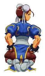 1girl boots bracelet brown_hair capcom chinese_clothes chun-li gunkeystuff jewelry kneeling looking_back pantyhose spiked_bracelet spikes street_fighter