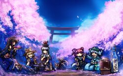 &gt;_&lt; 6+girls :d beads black_hair black_jacket blonde_hair blue_dress blue_hair blue_hat blue_kimono blue_shirt bottle canteen cherry_blossoms closed_eyes cloud coin cup detached_sleeves dress falling_petals fujiwara_no_mokou green_bag green_visor hair_beads hair_ornament hanami hat highres houraisan_kaguya igarashi_tsukiyo_(tukiyo320) inaba_tewi jacket japanese_clothes kamishirasawa_keine kawashiro_nitori kimono long_hair long_sleeves moriya_suwako multiple_girls necktie onozuka_komachi open_mouth petals pink_skirt purple_dress purple_hair red_eyes red_hair red_necktie reisen_udongein_inaba sakazuki sake_bottle shirt short_hair short_sleeves skirt sky slippers smile tokiame tokkuri torii touhou twintails two-tone_background very_long_hair xd