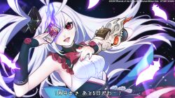 Rule 34 | 1girl, armpits, bare shoulders, black background, black gloves, bow, bowtie, breasts, card, copyright notice, duel masters, duel masters play&#039;s, ekusiun, elbow gloves, frilled skirt, frills, gloves, grey hair, highres, holding, holding card, long hair, looking at viewer, lower teeth only, luca (duel masters), nail polish, official art, one eye covered, one side up, open mouth, pink nails, presenting armpit, red bow, red bowtie, red eyes, red nails, shirt, skirt, sleeveless, sleeveless shirt, solo, teeth, trading card, translation request, upper body, white shirt