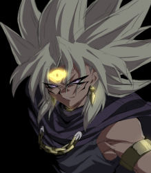 1boy armlet aura belt big_hair black_background black_belt cape dark_skin earrings evil_grin evil_smile facial_mark forehead_mark grin jewelry looking_at_viewer muscular pants purple_cape rom_(20) rom_(20) serious shirt sleeveless sleeveless_shirt smile solo spiked_hair teeth upper_body upper_teeth_only white_hair yami_marik yu-gi-oh! yu-gi-oh!_duel_monsters