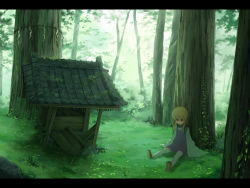 1girl bad_id bad_pixiv_id blonde_hair female_focus forest grass hair_ribbon highres letterboxed long_sleeves moriya_suwako nature no_headwear ribbon rope ruins sasaj shimenawa shirt sitting skirt skirt_set solo thighhighs touhou tree vest white_thighhighs wide_sleeves zettai_ryouiki