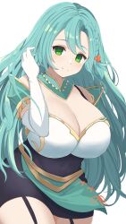 1girl aqua_hair armor bare_shoulders bow braid breasts chloe_(fire_emblem) cleavage dress elbow_gloves fire_emblem fire_emblem_engage gloves green_eyes highres huge_breasts jewelry kocha_(jgug7553) long_hair looking_at_viewer nintendo shoulder_armor side_braid smile solo thick_thighs thighs very_long_hair white_gloves