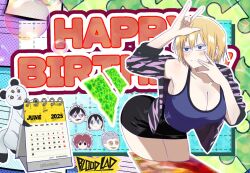 1girl animal_print bare_shoulders bell_hydra bent_over black_hair black_skirt blonde_hair blood_lad blue_eyes blue_shirt blue_tank_top blush breasts camisole ciastuysha cleavage closed_mouth collarbone commentary copyright_name cowboy_shot english_commentary english_text green_eyes grey_hair hair_between_eyes happy_birthday huge_breasts jacket large_breasts leaning_forward looking_to_the_side mahjong mahjong_tile mamejiro miniskirt multiple_boys multiple_girls off_shoulder open_clothes open_jacket outline panda pencil_skirt purple_jacket purple_shirt red_eyes red_hair shirt short_hair shorts skirt smile solo solo_focus standing stuffed_toy tank_top thighs v-shaped_eyebrows vlad_charlie_staz vlad_t._liz wolf_(blood_lad) yanagi_fuyumi