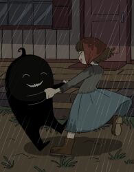 1girl :d ahoge boots brown_hair closed_eyes dancing happy headscarf ikuta_semi krobus medium_hair monster open_mouth rain red_headscarf skirt smile stardew_valley