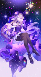 1girl absurdres bare_shoulders black_pantyhose braid brown_hair crossed_legs dress dress_flower floating_hair flower full_body herta_(honkai:_star_rail) high_heels highres holding honkai:_star_rail honkai_(series) jewelry long_hair long_sleeves necklace official_alternate_costume pantyhose parted_lips purple_dress purple_eyes purple_flower purple_shoes shoes sitting smile solo the_herta_(honkai:_star_rail) the_herta_(star_rail_live_2025)_(honkai:_star_rail) very_long_hair viclim-monou