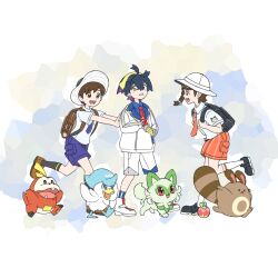 1girl 2boys :&lt; applin backpack bag black_hair black_hat black_socks blue_shorts braid brown_hair collared_shirt commentary_request florian_(pokemon) fuecoco gen_2_pokemon gen_8_pokemon h1na3 hairband hat highres jacket juliana_(pokemon) kieran_(pokemon) kneehighs multiple_boys naranja_academy_school_uniform necktie nintendo open_mouth orange_shorts pokemon pokemon_(creature) pokemon_sv purple_hair quaxly school_uniform sentret shirt shoes short_sleeves shorts simple_background socks sprigatito uva_academy_school_uniform white_hat white_jacket white_shorts white_socks yellow_hairband
