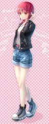 1girl absurdres alternate_costume angel_beats! belt belt_buckle black_jacket blue_shorts brown_belt buckle character_name commentary_request denim denim_shorts english_text full_body hand_in_pocket highres iwasawa_masami jacket jewelry leather leather_jacket long_sleeves looking_at_viewer medium_hair mixed-language_commentary necklace parted_lips pocket red_eyes red_hair shirt shoes short_shorts shorts sneakers solo twitter_username white_shirt wireless_earphones zipper zuzuhashi
