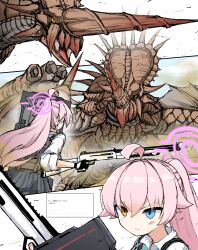1girl absurdres ahoge blue_archive blue_eyes bulletproof_vest closed_mouth collared_shirt crossover dragon fingerless_gloves gloves gun halo heterochromia highres holding holding_gun holding_shield holding_weapon hoshino_(armed)_(blue_archive) hoshino_(blue_archive) long_hair looking_at_animal looking_at_another monoblos monster monster_hunter_(series) multiple_views nubebenbe pink_halo pleated_skirt ponytail sand scales shield shirt shotgun skirt slit_pupils spikes styracosaurus very_long_hair weapon white_shirt wings wyvern yellow_eyes