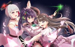 3girls :d ;) ;d absurdres beret blunt_bangs bob_cut breasts brooch brown_hair brown_hat closed_mouth colored_inner_hair commentary dark_background diploma_tube dream_believers dress floating_hat flower frilled_dress frills fujishima_megumi graduation green_ribbon grey_hair hair_bun hair_flower hair_intakes hair_ornament hat heart highres holding hug inverted_bob ixianim jewelry large_breasts light_particles link!_like!_love_live! long_hair love_live! multicolored_hair multiple_girls neck_ribbon official_alternate_costume one_eye_closed open_mouth otomune_kozue pink_dress pink_eyes pleated_dress purple_eyes purple_hair red_flower red_hair ribbon side_ponytail sidelocks single_side_bun smile split_mouth star_(symbol) star_hair_ornament streaked_hair symbol-only_commentary tassel tassel_hair_ornament two_side_up virtual_graduation_commemoration virtual_youtuber yugiri_tsuzuri