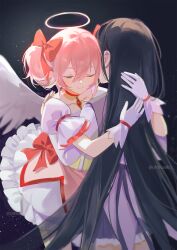 1girl akemi_homura akemi_homura_(magical_girl) angel_wings black_hair blush bow choker closed_eyes closed_mouth collarbone dark_background dress gloves hair_bow haitu halo highres hug kaname_madoka kaname_madoka_(magical_girl) long_hair magical_girl mahou_shoujo_madoka_magica mahou_shoujo_madoka_magica_(anime) medium_hair mutual_hug pink_bow pink_dress pink_hair purple_dress purple_skirt red_choker revision short_sleeves skirt smile thighs twintails twitter_username white_dress white_gloves white_wings wings