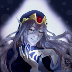 1boy artist_logo artist_name blue_tunic cloak evil_smile facial_mark fingernails gem gold_ring hat hat_ornament jewelry lavleyart logo long_hair looking_at_hand looking_down male_focus multiple_rings nintendo non-web_source open_mouth pale_skin pointy_ears portrait purple_cloak purple_hair purple_hat purple_nails red_eyes red_gemstone ring self-upload sharp_fingernails smile solo teeth the_legend_of_zelda the_legend_of_zelda:_the_minish_cap tunic vaati watermark