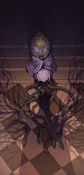 1boy checkered_floor commentary dark_souls_(series) dark_souls_i dark_sun_gwyndolin dress english_commentary from_above gloves gold_headwear hashtag-only_commentary highres male_focus see-through_clothes see-through_veil shadow sitting sitting_on_stairs snake solo stairs tworain_w veil white_dress white_gloves