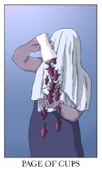 1girl animal blue_background blue_dress border card_(medium) censored censored_identity cowboy_shot cup dress english_text fish gradient_background jessica_hayworth original page_of_cups_(tarot) pink_scales pouring solo standing surreal tarot tarot_(medium) veil white_border white_veil