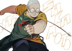 Rule 34 | 1boy, absurdres, apron, barcode scanner, blue pants, copyright name, facial hair, glasses, green apron, grey hair, hair bun, highres, holding, holding barcode scanner, male focus, motion blur, mustache, name tag, opaque glasses, outstretched arms, p (pm 611a), pants, round eyewear, sakamoto days, sakamoto taro, shirt, short sleeves, single hair bun, solo, text background, white background, yellow shirt