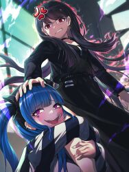 2girls absurdres amemiya_darumi angry aura black_hair blue_hair blush collar drooling ear_piercing earrings eyebrows female_focus fingernails glasses hand_on_another&#039;s_head heart highres hugging_another&#039;s_leg jewelry leg_grab lips long_hair makeup multicolored_hair multiple_girls open_mouth piercing pink_eyes purple_eyes purple_hair red_eyes runny_makeup saliva shizuhara_hiruko teeth the_hundred_line_-last_defense_academy- tongue twintails upper_teeth_only yuri