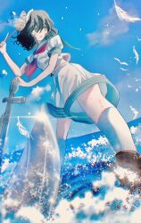 1girl anchor anchor_symbol bird black_hair black_shoes blue_sky blurry bubble depth_of_field green_eyes hat highres holding holding_ladle kneehighs ladle midriff mitsusame murasa_minamitsu neckerchief outdoors red_neckerchief seagull shirt shoes short_hair short_sleeves shorts sky socks solo splashing standing touhou water white_hat white_shirt white_shorts white_socks