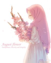 1girl alleycat_nd animification artist_name backlighting boboiboy closed_eyes commentary dress english_commentary english_text flower from_side highres hijab holding holding_flower long_dress long_sleeves pink_hijab smile solo watermark yaya_yah yellow_dress