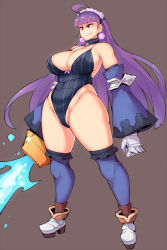 1girl ahoge bare_shoulders blunt_bangs breasts cleavage covered_erect_nipples cross curvy dark_eclair detached_sleeves earrings eclair_(la_pucelle) energy_blade female_focus full_body gauntlets headdress highleg highleg_leotard highres holding huge_breasts jewelry la_pucelle large_breasts leotard long_hair maid_headdress purple_eyes purple_hair simple_background smile solo standing striped thick_thighs thighhighs thighs thong_leotard vertical_stripes wide_hips wide_sleeves zako_(arvinry)
