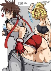 ass black_panties blonde_hair blue_ribbon bottle brown_eyes brown_hair charge_sol from_behind huge_ass kanzuki_karin kasugano_sakura looking_back panties red_panties red_ribbon ribbon ryu_(street_fighter)_(cosplay) street_fighter underwear