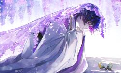 1boy bent_over bird black_hair black_sash blunt_ends closed_mouth clothing_cutout colored_inner_hair expressionless eyeliner eyeshadow finch floral_print_veil from_side genshin_impact highres japanese_clothes kariginu layered_sleeves looking_at_animal looking_down makeup male_focus multicolored_hair neyti_(neytirv) petals_on_ground pink_petals purple_eyes purple_hair purple_sleeves purple_veil red_eyeliner red_eyeshadow sash scaramouche_(genshin_impact) scaramouche_(kabukimono)_(genshin_impact) shoulder_cutout side_cutout sideways_mouth solo string twitter_username veil white_sleeves wide_sleeves