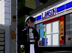 1girl atm backlighting bag belt black_coat black_gloves black_hair blunt_bangs cigarette city coat contempt_awe_(e.g.o) day display e.g.o_(project_moon) glass_door glasses gloves highres holding holding_bag limbus_company looking_at_viewer medium_hair popped_collar poster_(object) power_lines project_moon red_eyes ryoshu_(project_moon) scenery shirt shop sign smoking solo upper_body white_shirt yongsadragon
