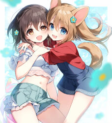 2girls :d animal_ears blue_eyes braid brown_eyes brown_hair crop_top dog_ears dog_girl dog_tail fang flower hair_between_eyes hair_flower hair_ornament hug long_hair looking_at_viewer midriff multiple_girls navel open_mouth original overalls red_shirt shirt short_shorts short_sleeves shorts skirt smile suimya tail