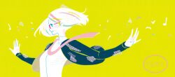 1girl artist_name bird black_jacket collared_shirt commentary_request floating_hair floating_neckwear glasses jacket looking_ahead masking_tape_(medium) medium_hair mixed_media musical_note necktie original outstretched_arms pink_necktie profile quarter_note red-framed_eyewear ryono shirt smile solo traditional_media unconventional_media upper_body watermark web_address white_bird white_shirt yellow_background