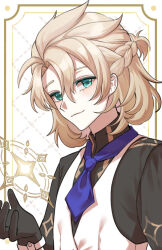 1boy albedo_(genshin_impact) albedo_(sweets_paradise)_(genshin_impact) aqua_eyes black_gloves black_shirt blonde_hair blue_necktie braid closed_mouth collared_shirt commentary_request genshin_impact gloves hair_between_eyes hand_up long_sleeves looking_at_viewer male_focus mandarin_collar necktie official_alternate_costume picture_frame shirt short_hair smile solo upper_body vest white_background white_vest yuseol_art