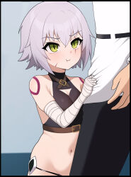 1boy 1girl :i :t bandaged_arm bandages bare_shoulders belt black_panties black_vest breasts chaldea_uniform cropped_vest facial_scar fate/apocrypha fate/grand_order fate_(series) fujimaru_ritsuka_(male) green_eyes grimgrim hair_between_eyes highres jack_the_ripper_(fate/apocrypha) navel panties pout scar scar_across_eye scar_on_cheek scar_on_face short_hair shoulder_tattoo small_breasts tattoo underwear vest white_hair