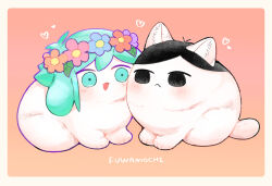 :&lt; :3 animal animal_ear_fluff animal_ears animal_focus animalization antenna_hair basil_(headspace)_(omori) basil_(omori) black_eyes black_hair blue_flower border cat cheek-to-cheek closed_mouth commentary_request double-parted_bangs empty_eyes eye_contact flower flower_wreath green_eyes green_hair hair_between_eyes head_wreath heads_together heart highres leaf looking_at_another lop_rabbit_ears mapa_(wqgrkt_krbko) medium_hair no_humans no_pupils omori omori_(omori) open_mouth orange_flower pink_flower purple_flower rabbit rabbit_ears red_background red_flower short_hair simple_background tongue very_short_hair white_border white_cat white_rabbit_(animal)