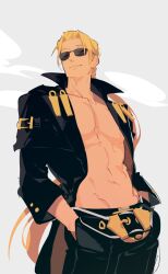 1boy abs arm_belt bare_pectorals belt belt_buckle black_belt black_coat black_pants blonde_hair buckle buttoned_cuffs buttons closed_eyes closed_mouth coat collarbone collared_coat commentary_request cowboy_shot eyes_visible_through_eyewear groin guilty_gear hands_in_pockets hannim_7h highres johnny_(guilty_gear) korean_commentary long_hair long_sleeves male_focus navel open_clothes open_coat pants pectorals smile solo sunglasses very_long_hair white_background