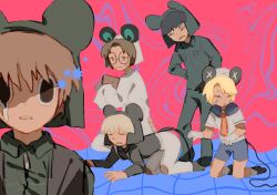 5boys blonde_hair brown_hair coat commentary_request crawling facial_mark green_jacket hat highres jacket kinder_surprised_michael_jr. looking_at_viewer male_focus military_uniform mouse_boy mouse_hat mouse_tail multiple_boys parted_lips pink_background present_day_problem_takeuchi_robert randal&#039;s_friends ratman_3_(randal&#039;s_friends) ratman_4_(randal&#039;s_friends) ratman_5_(randal&#039;s_friends) sailor sailor_hat shieriru short_hair suspenders tail teardrop vest whisker_markings