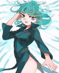 1girl :d black_dress blue_eyes blue_hair dress eyelashes gan2 hand_up high_collar highres long_sleeves one-punch_man open_mouth short_hair side_slit smile solo tatsumaki