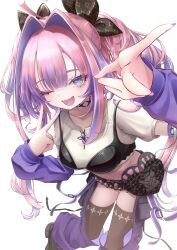 1girl ;d absurdres black_boots black_bra black_shorts black_thighhighs blue_eyes boots bra bra_over_clothes chaps clothing_cutout cosmetics cropped_shirt double_v fangs gyaru gyaru_v highres himitsu_no_baraen hololive hololive_dev_is kikirara_vivi lipstick_tube long_hair makeup_brush multicolored_hair one_eye_closed open_mouth pink_hair purple_arm_warmers purple_hair shirt shorts shoulder_cutout simple_background smile star-shaped_pupils star_(symbol) streaked_hair symbol-shaped_pupils thighhighs twintails underwear v very_long_hair virtual_youtuber white_background white_shirt