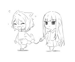 2girls animal_ears blush closed_eyes closed_mouth collar dog_ears dog_girl dog_tail grey_hair highres holding holding_leash kanadate_ruri kanade_(kanade_3344) kemonomimi_mode leash long_hair multiple_girls open_mouth original shirt short_hair shorts sidelocks skirt smile tail yahazu_tobira