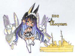 +_+ 1girl azur_lane black_hair breasts character_name chibi chibi_only cleavage cleopatra_(azur_lane) dark-skinned_female dark_skin full_body highres kikusui_karakuchi large_breasts maid marker_(medium) military_vehicle multicolored_hair purple_eyes purple_hair rigging ship ship_turret simple_background solo streaked_hair symbol-shaped_pupils tan tanline thighhighs traditional_media warship watercraft white_background white_thighhighs yellow_pupils