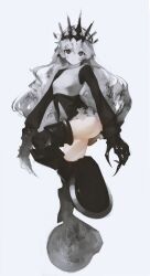 1girl absurdres bad_id bad_pixiv_id black_claws black_rock_shooter chariot_(black_rock_shooter) closed_mouth crown dress full_body gloves greyscale gyup highres long_hair looking_at_viewer monochrome simple_background solo standing standing_on_one_leg thighhighs thighs wheel white_background