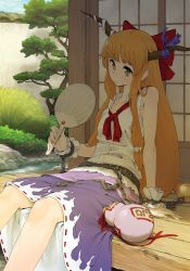 1girl belt brown_eyes chain female_focus gourd hair_ornament hair_ribbon hand_fan horn_ornament horn_ribbon horns ibuki_suika long_hair looking_at_viewer low-tied_long_hair non-web_source oni orange_hair orz_(orz57) parted_lips ribbon shirt sitting skirt sleeveless solo touhou tree wrist_cuffs