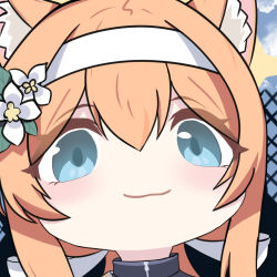 1girl absurdres animal_ears blonde_hair blue_archive blue_eyes blue_sky blush commentary_request flower gym_uniform hair_flower hair_ornament hairband highres kunjuan_shala looking_at_viewer mari_(blue_archive) mari_(track)_(blue_archive) mutsuki_face_(blue_archive) sky solo white_hairband
