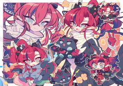 Rule 34 | 1boy, :3, arknights, armband, bead bracelet, beads, black coat, blue hair, border, bracelet, chibi, chibi inset, closed eyes, coat, colored extremities, colored skin, commentary request, cowboy shot, crossed legs, dragon boy, dragon bubble (arknights), dragon horns, dragon tail, gradient hair, green eyes, grey hoodie, hood, hoodie, horns, jewelry, looking at viewer, male focus, multicolored hair, open mouth, outline, pants, pointy ears, ponytail, red hair, red pants, red skin, scarf, sidelocks, smile, tail, upper body, v, watermark, white background, white scarf, ym dpl, yu (arknights)