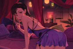 1girl alternate_breast_size armpit_crease ass backless_dress backless_outfit bed birdcage black_hair bottle breasts cage cup cushion dododo_(fightingdodo) dress drinking_glass earrings final_fantasy final_fantasy_vii final_fantasy_vii_remake from_side highres index_finger_raised jewelry long_hair looking_at_viewer medium_breasts official_alternate_costume panties_visible_through_clothes parted_lips pillow purple_dress red_eyes short_dress solo tifa_lockhart tifa_lockhart_(refined_dress) wall_market wine_bottle wine_glass