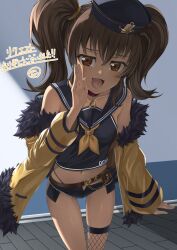 1girl anise_tatlin azur_lane bache_(azur_lane) blue_sailor_collar brown_eyes brown_hair choker commission hat long_hair looking_at_viewer navel open_mouth red_choker rourou_ill sailor_collar school_uniform serafuku short_shorts shorts single_fishnet_legwear skeb_commission smile solo tales_of_(series) tales_of_the_abyss thong