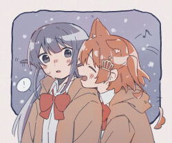 ! 2girls ^_^ aijou_karen animal_ear_fluff animal_ears arms_at_sides black_eyes black_hair blunt_bangs blush border bow bowtie brown_hair brown_jacket chinese_commentary closed_eyes collared_shirt commentary_request crown_hair_ornament dog_ears eighth_note gradient_background grey_background grey_border hair_ornament hairclip head_on_another&#039;s_shoulder hood hood_down hooded_jacket jacket kemonomimi_mode long_hair looking_at_another looking_to_the_side motion_lines multiple_girls musical_note nose_blush one_side_up open_clothes open_jacket open_mouth outside_border parted_lips profile red_bow red_bowtie rei931218 school_uniform seishou_music_academy_uniform shirt short_hair shoujo_kageki_revue_starlight sidelocks smile snowing speech_bubble spoken_exclamation_mark sweatdrop tsuyuzaki_mahiru upper_body white_shirt