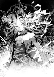 Rule 34 | 1girl, animal ears, bare shoulders, black background, closed mouth, collarbone, commentary, cowboy shot, dagger, determined, dress, flipped hair, flower, greyscale, hat, hat flower, hero (10cl3), highres, horse ears, horse girl, knife, long hair, long sleeves, monochrome, off-shoulder dress, off shoulder, rice shower (umamusume), rose, solo, umamusume, weapon