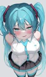 :p absurdres aqua_eyes aqua_hair aqua_necktie bare_arms bare_shoulders black_skirt black_thighhighs breasts eikawa_suru hatsune_miku highres large_breasts long_hair looking_at_viewer necktie shirt simple_background skirt smug thighhighs tongue tongue_out twintails very_long_hair vocaloid white_shirt